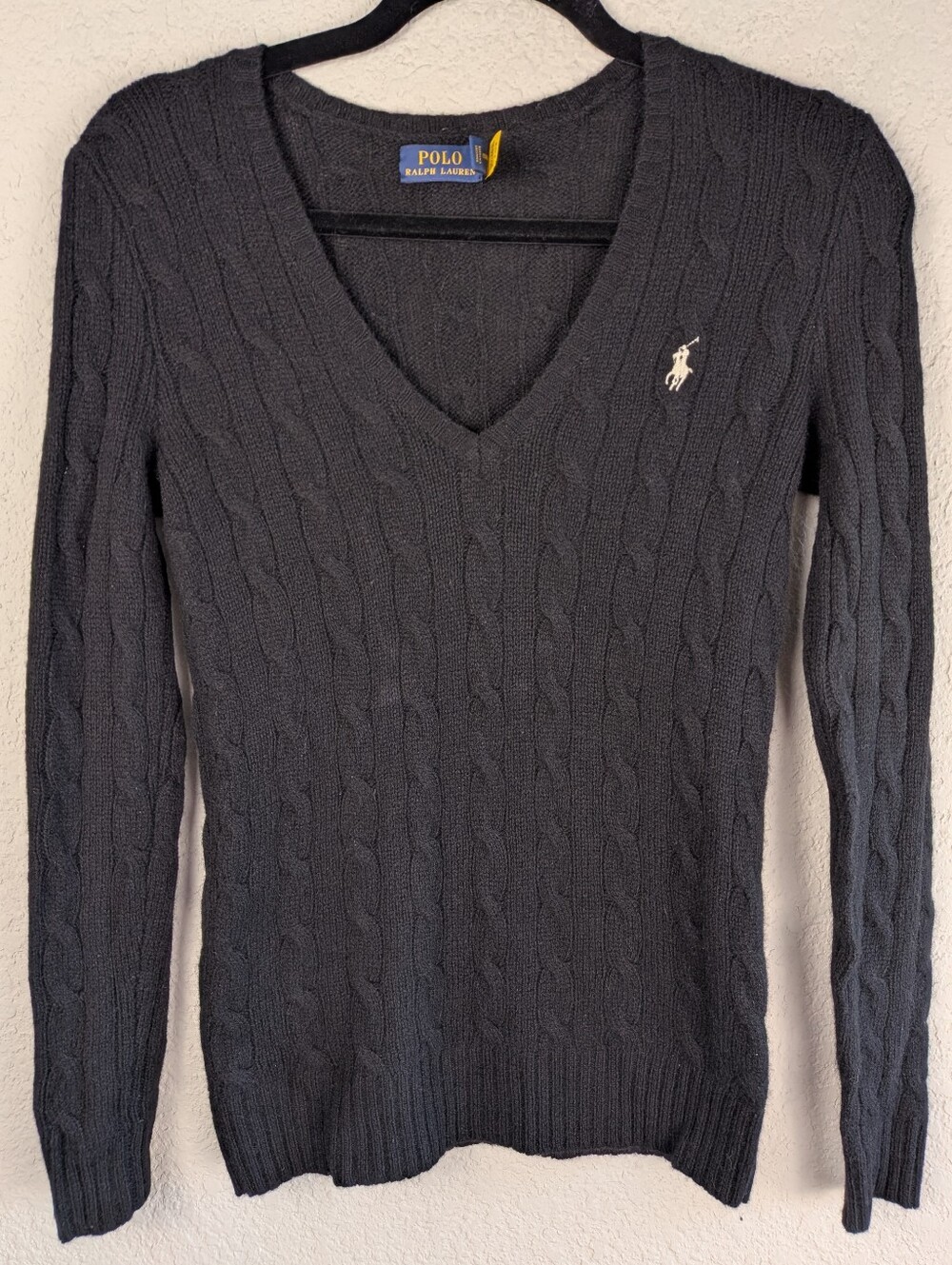 Polo Ralph Lauren Cable Wool Cashmere Sweater XS Black V Neck Classic Preppy